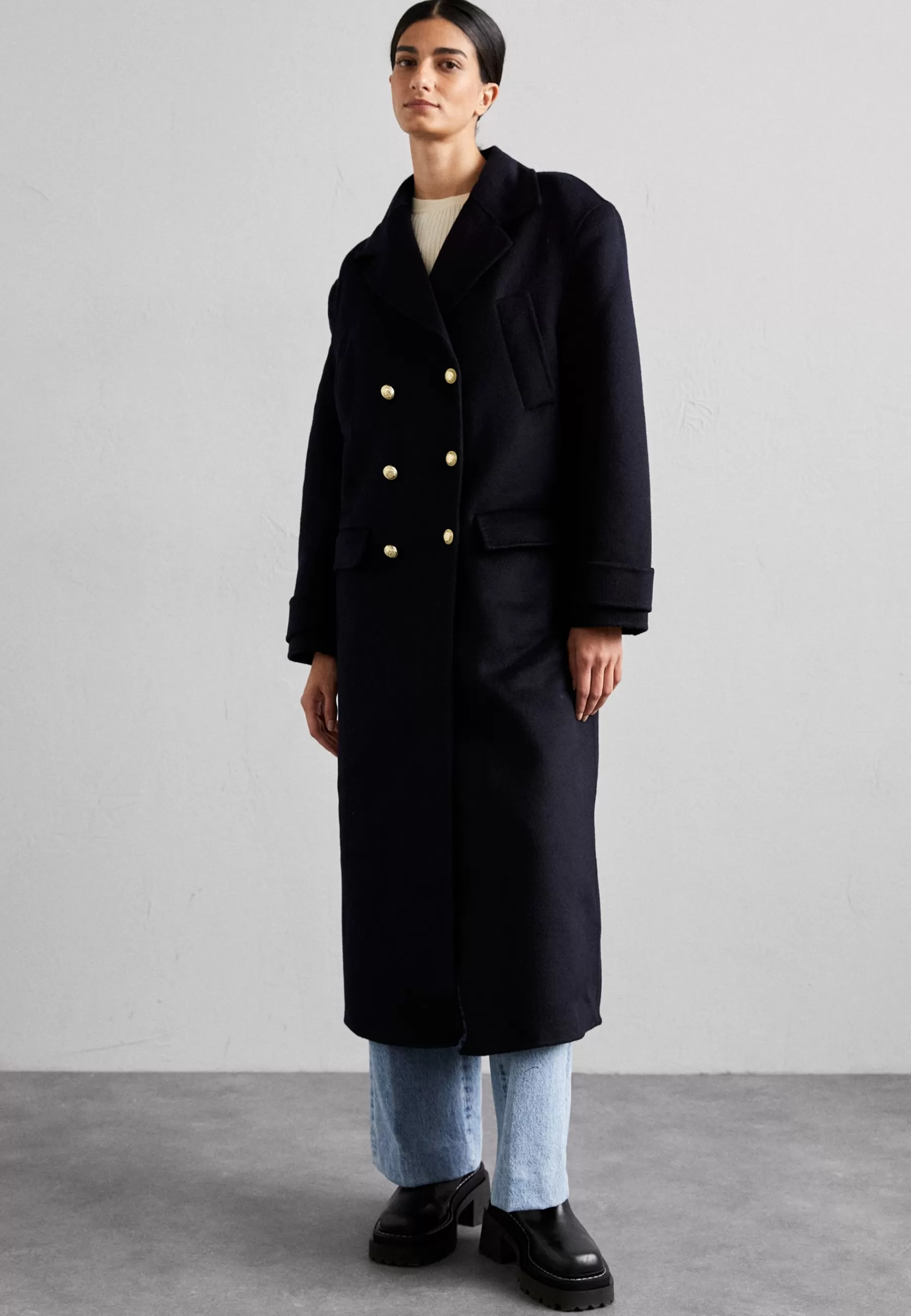 sandro Double Face Oversize Long Gold Button - Mantel>Dames Wollen Jassen