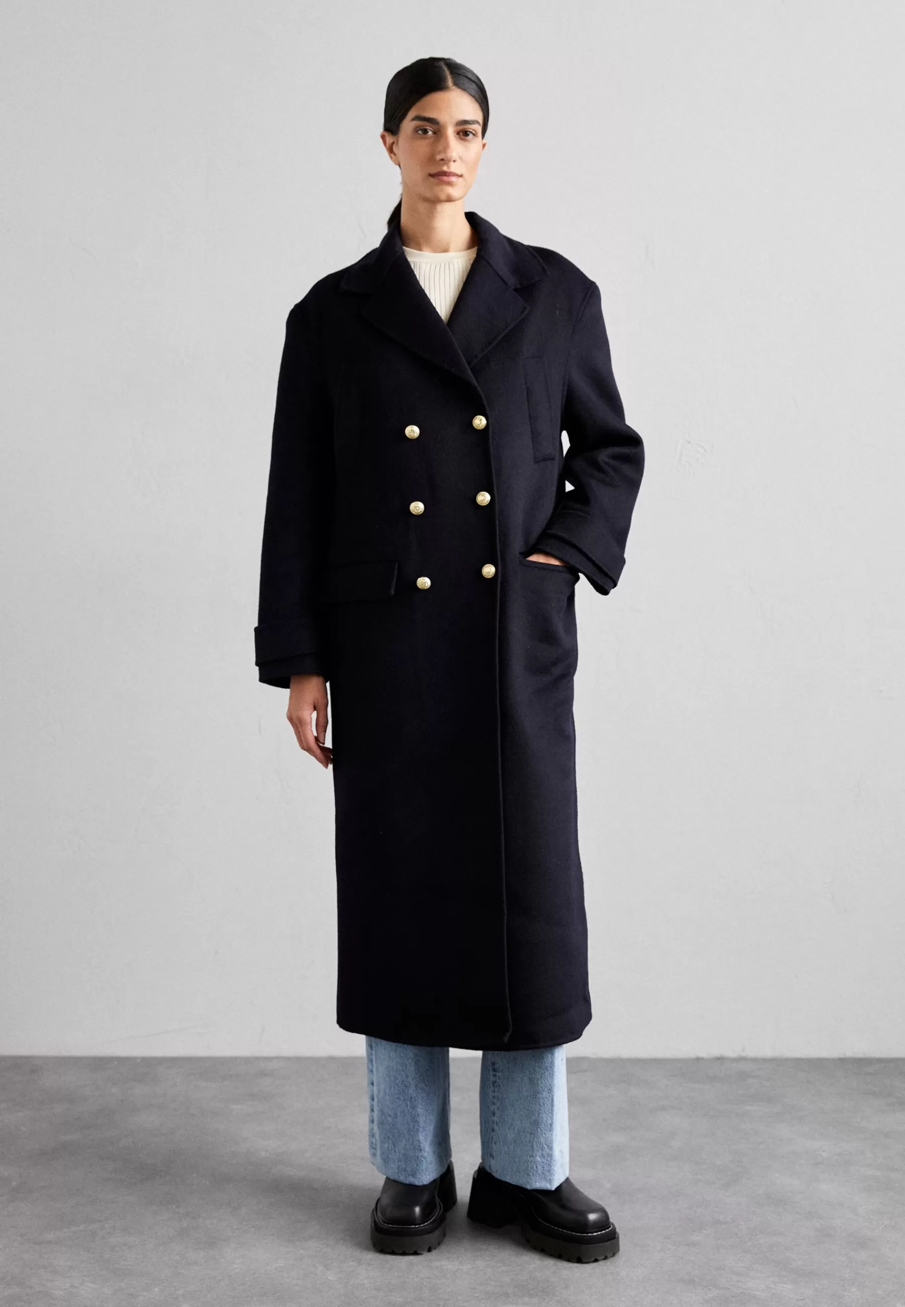 sandro Double Face Oversize Long Gold Button - Mantel>Dames Wollen Jassen