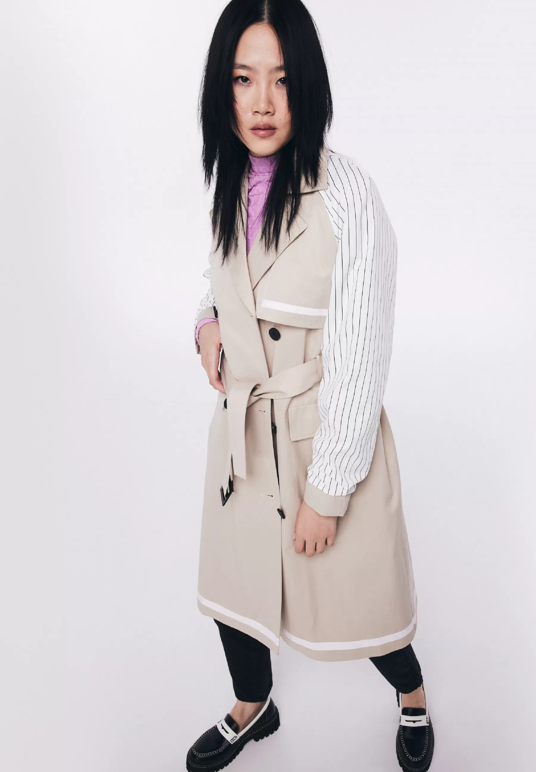 Dames Twist Trenchcoats | Regular Fit Line Pattern Mix - Trenchcoat